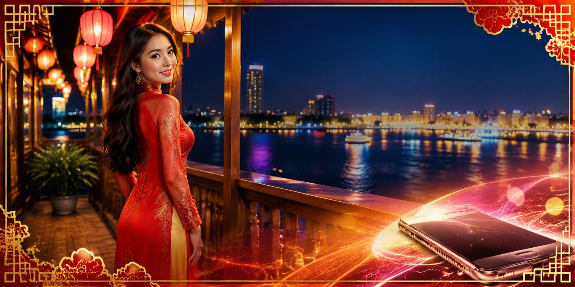 Người chơi casino mặc áo dài tại vùng sông Mekong đặt cược trên điện thoại